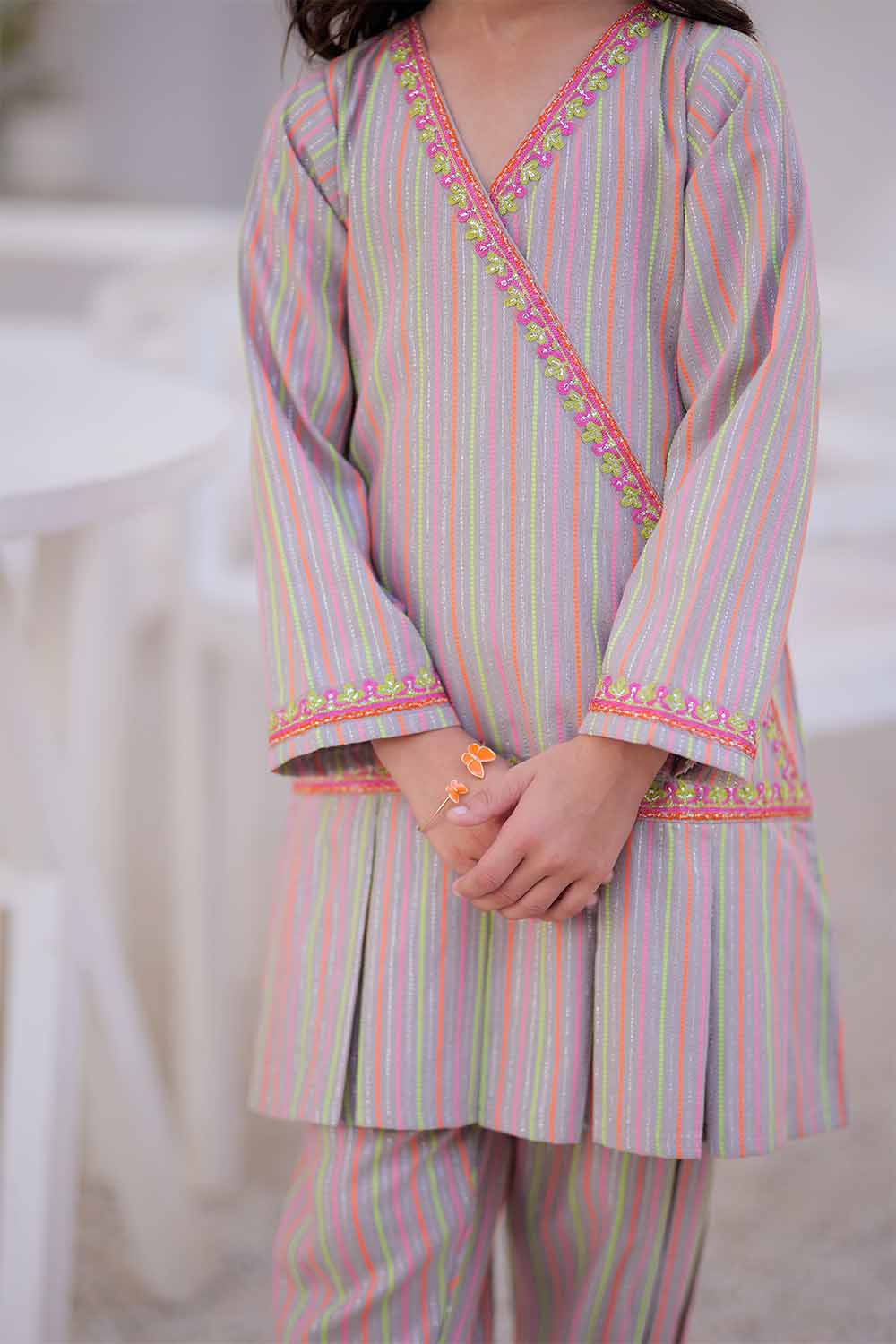 Senorita Kids RTW Light Gry and Multicolor Casual 2 Piece Suit Karandi Neon Dobby KAC-02501 - Winter Collection