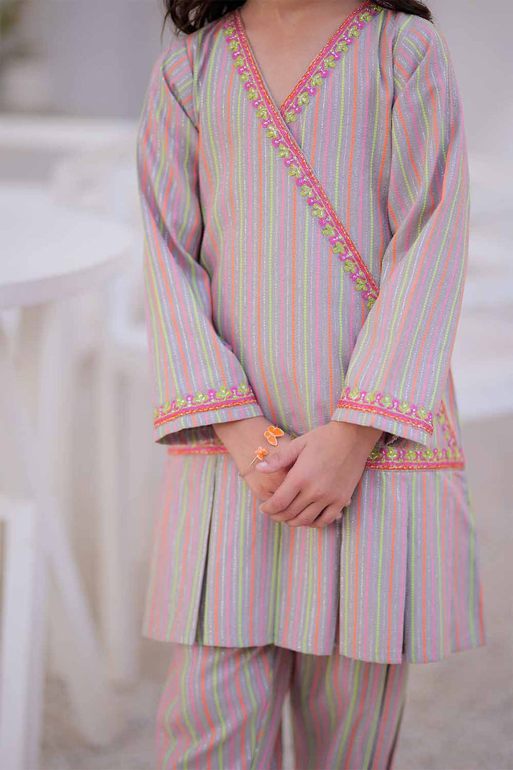 Senorita Kids RTW Light Gry and Multicolor Casual 2 Piece Suit Karandi Neon Dobby KAC-02501 - Winter Collection