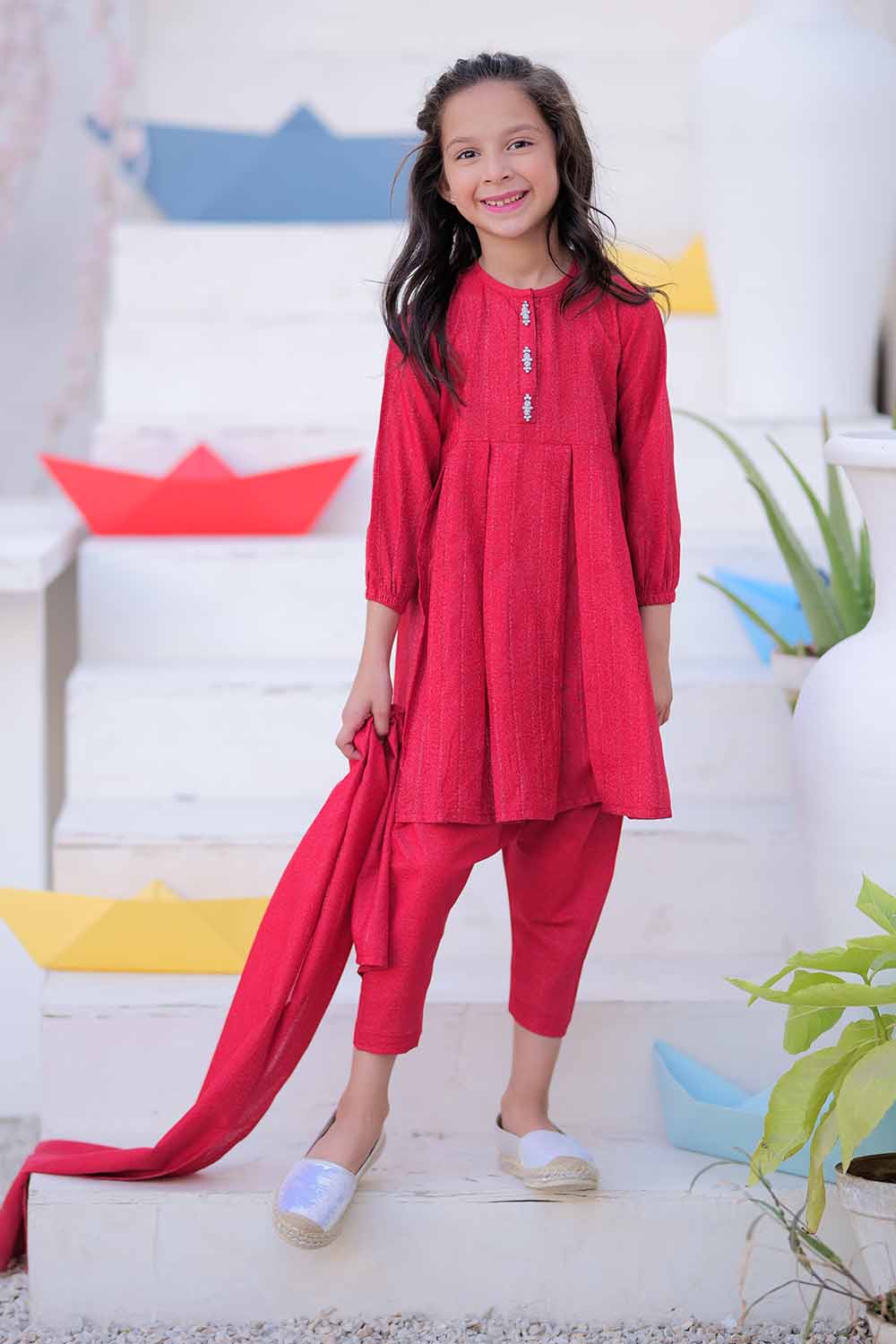 Senorita Kids RTW Red Casual 3 Piece Suit Karandi KAD-02508 - Winter Collection