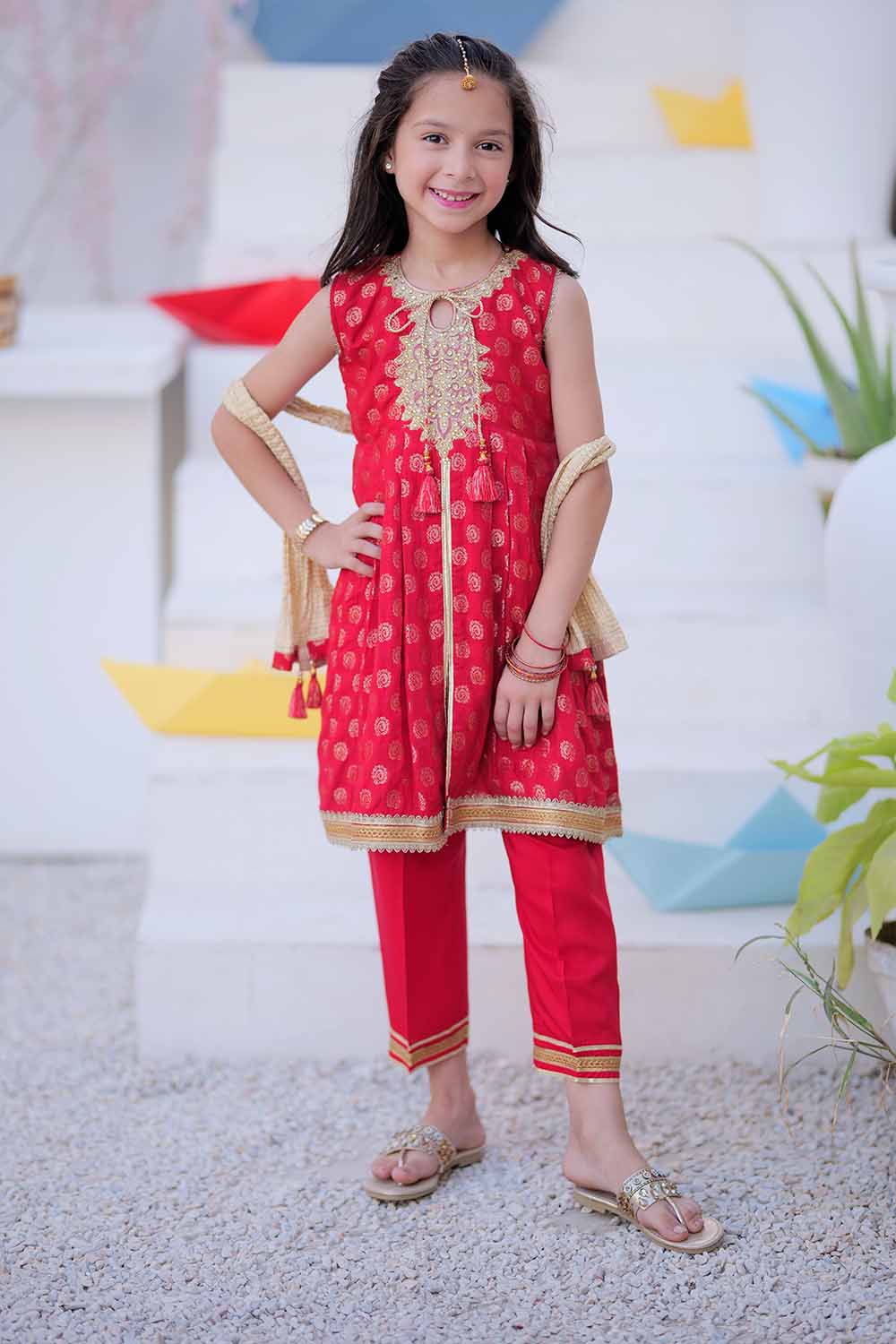 Senorita Kids RTW Red and Golden Formal 3 Piece Suit Banarsi Jamavar  KDD-02407 - Winter Collection