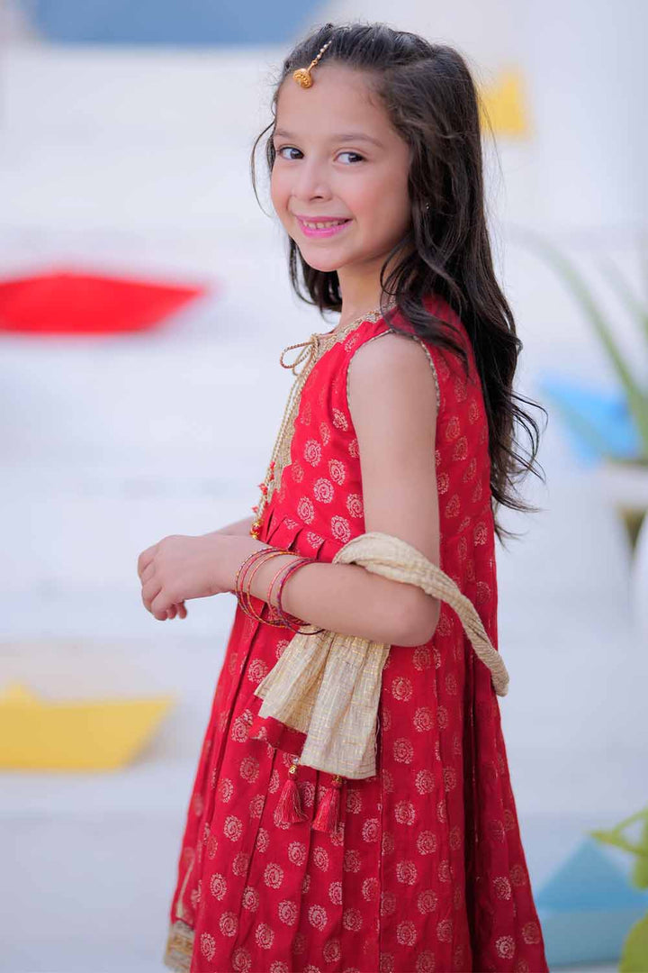 Senorita Kids RTW Red and Golden Formal 3 Piece Suit Banarsi Jamavar  KDD-02407 - Winter Collection