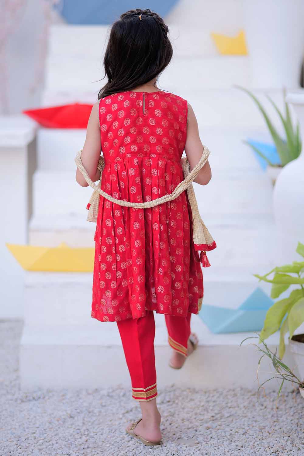 Senorita Kids RTW Red and Golden Formal 3 Piece Suit Banarsi Jamavar  KDD-02407 - Winter Collection