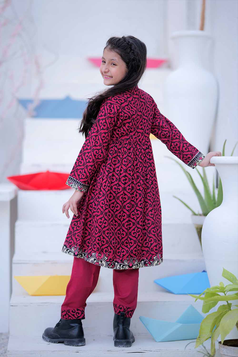 Senorita Kids RTW Shocking Pink and Black Casual 3 Piece Suit Khaddar Printed KAD-02471 - Summer Collection