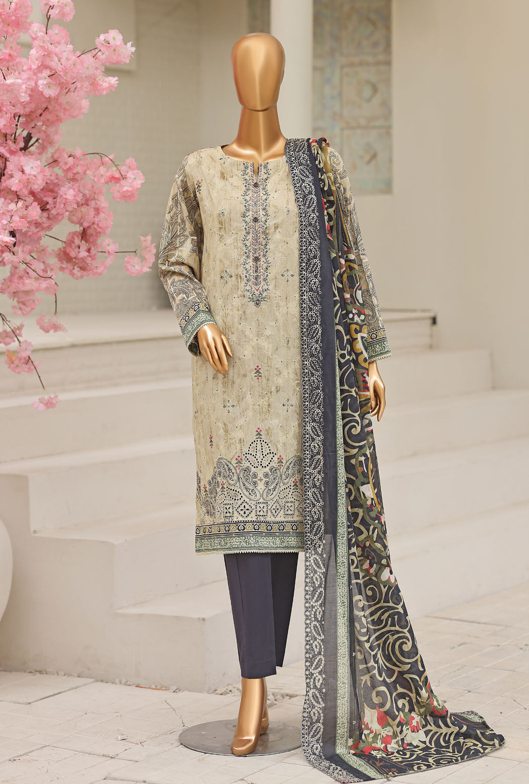 HZ Textile Unstitched Embroidered Premium Lawn 3 Piece Suit PEC-1067 - Casual Collection