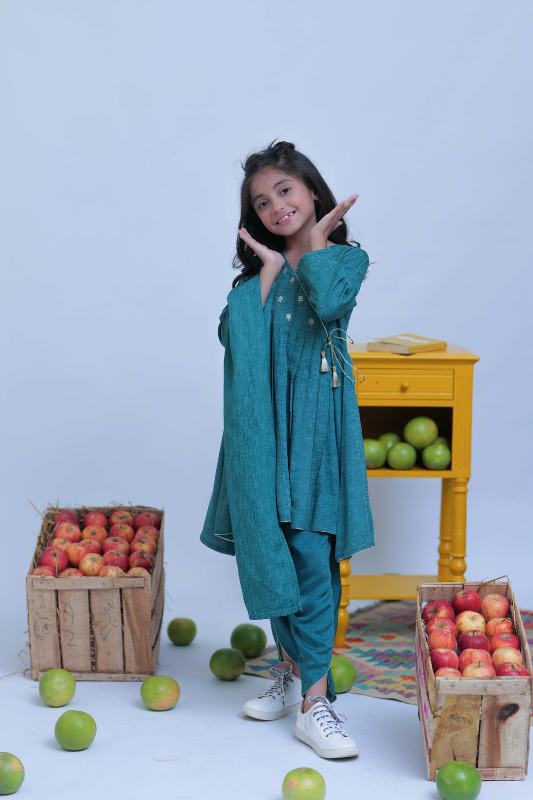 Senorita Kids RTW Turquoise Green and Gold Casual Plus 3 Piece Suit Viscose Self Dobby KBD-02826 - Summer Collection