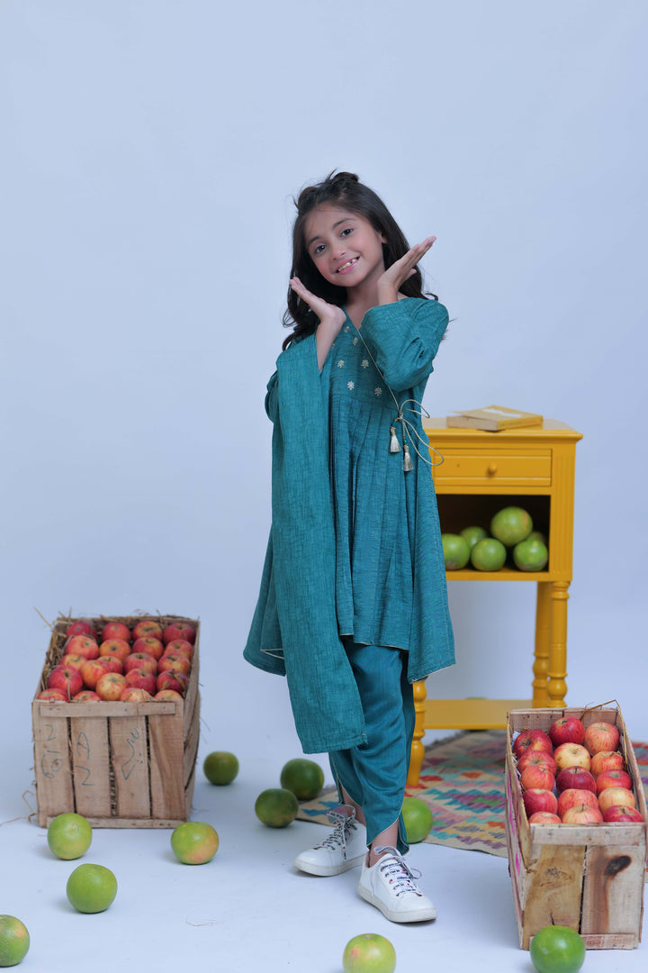 Senorita Kids RTW Turquoise Green and Gold Casual Plus 3 Piece Suit Viscose Self Dobby KBD-02826 - Summer Collection