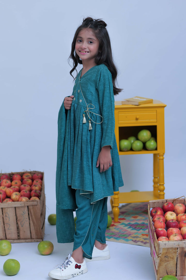 Senorita Kids RTW Turquoise Green and Gold Casual Plus 3 Piece Suit Viscose Self Dobby KBD-02826 - Summer Collection