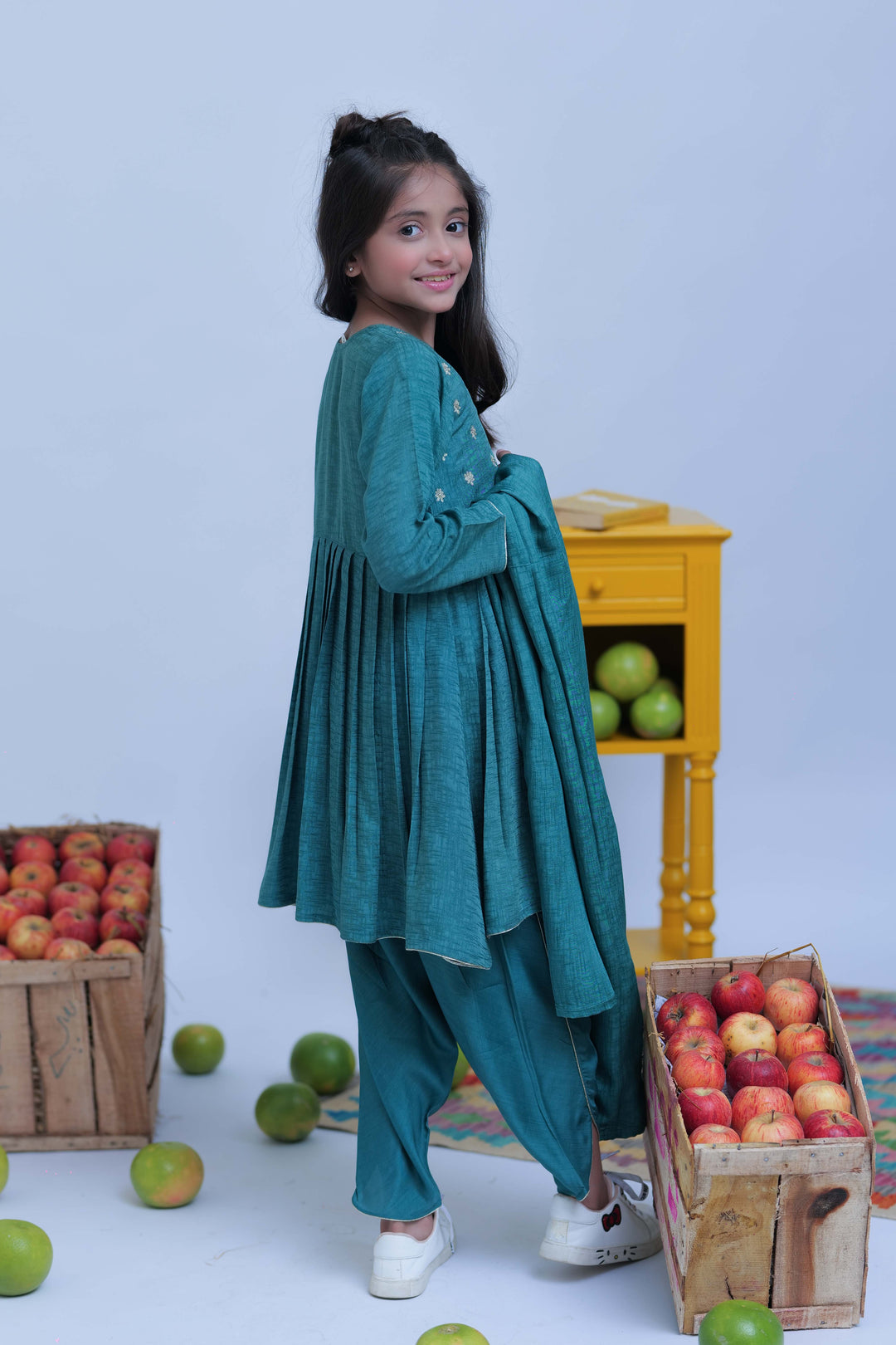Senorita Kids RTW Turquoise Green and Gold Casual Plus 3 Piece Suit Viscose Self Dobby KBD-02826 - Summer Collection