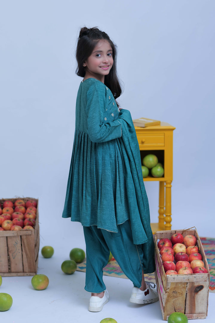 Senorita Kids RTW Turquoise Green and Gold Casual Plus 3 Piece Suit Viscose Self Dobby KBD-02826 - Summer Collection