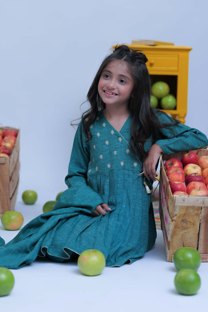 Senorita Kids RTW Turquoise Green and Gold Casual Plus 3 Piece Suit Viscose Self Dobby KBD-02826 - Summer Collection