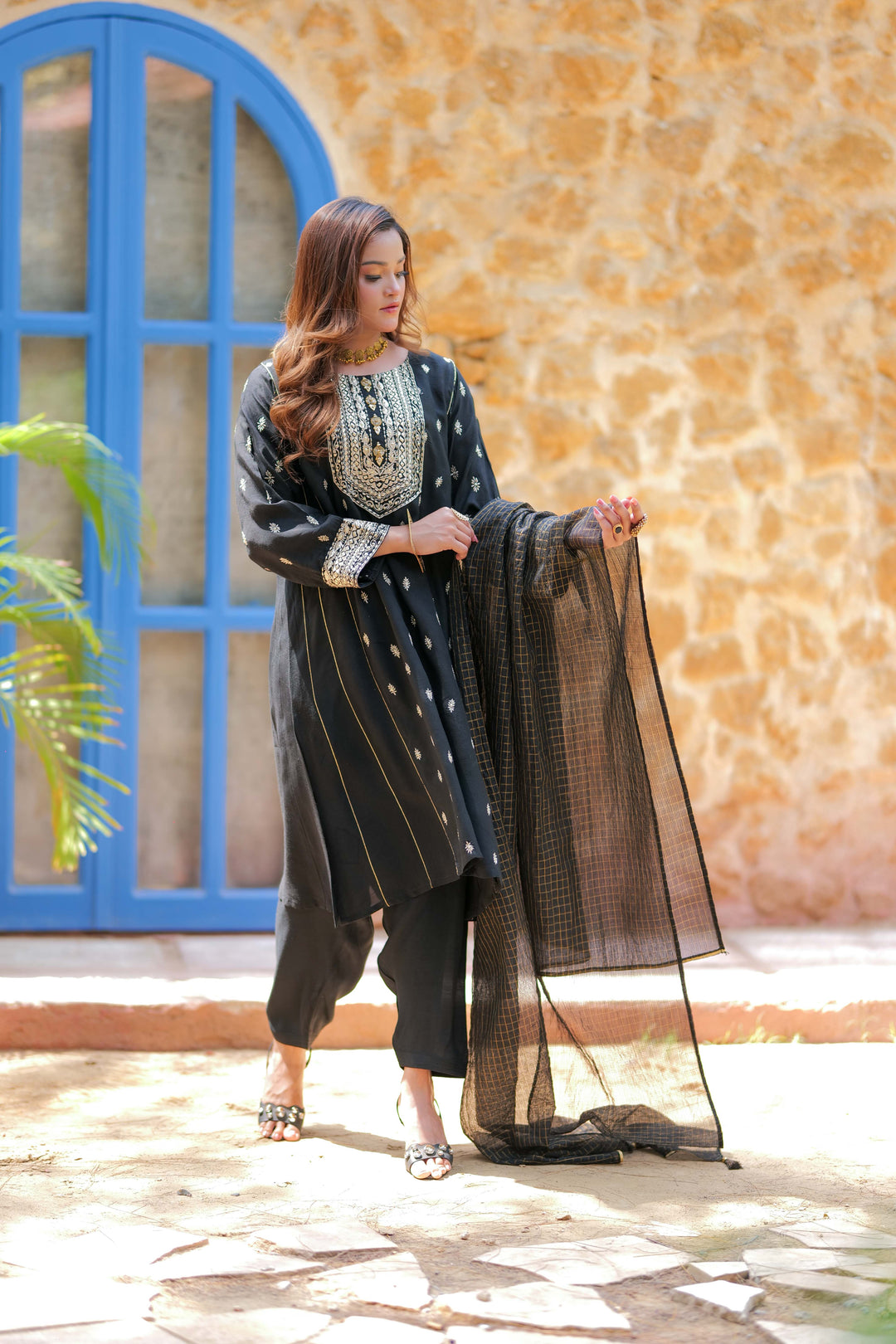 Senorita Women RTW Women Solids Black and Gold Formal 3 Piece Suit Viscose Raw Silk LDD-02741 - Winter Collection