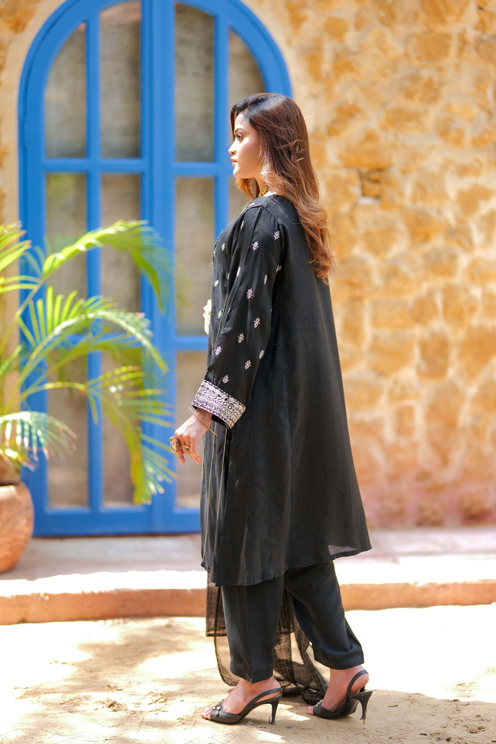 Senorita Women RTW Women Solids Black and Gold Formal 3 Piece Suit Viscose Raw Silk LDD-02741 - Winter Collection