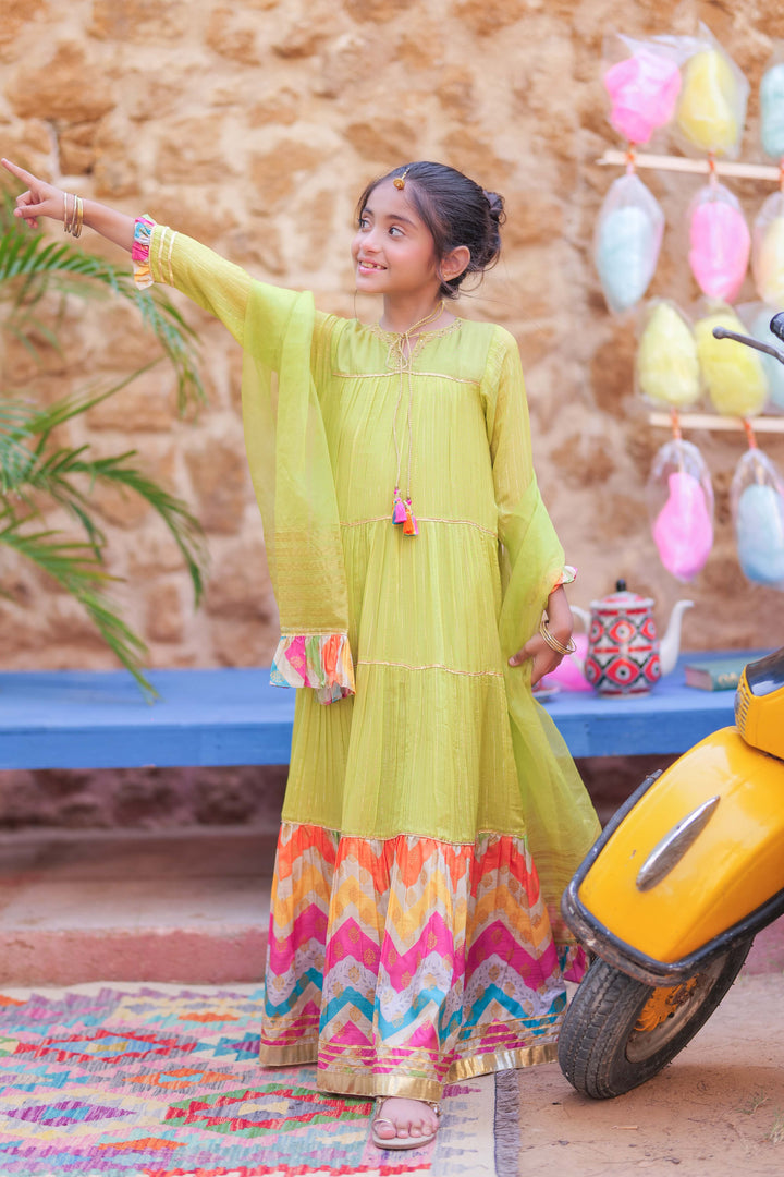 Senorita Kids RTW Perot Green and Gold Formal 3 Piece Suit Crinkle Shafoon Fancy  KDD-02761 - Summer Collection