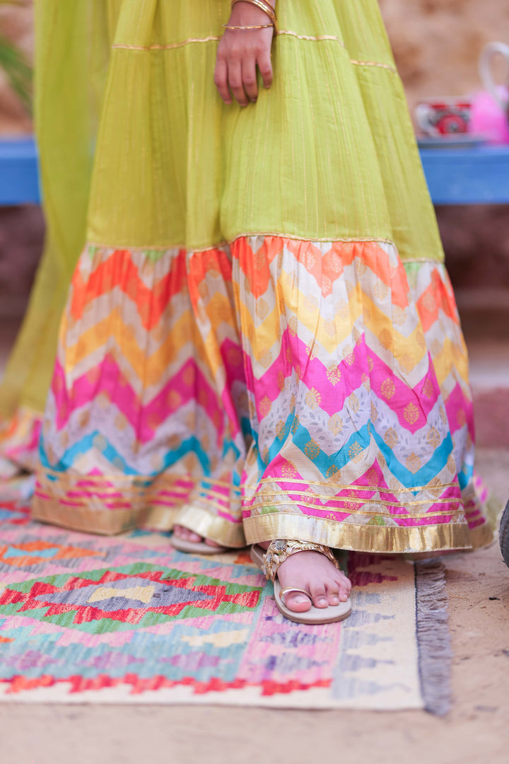 Senorita Kids RTW Perot Green and Gold Formal 3 Piece Suit Crinkle Shafoon Fancy  KDD-02761 - Summer Collection