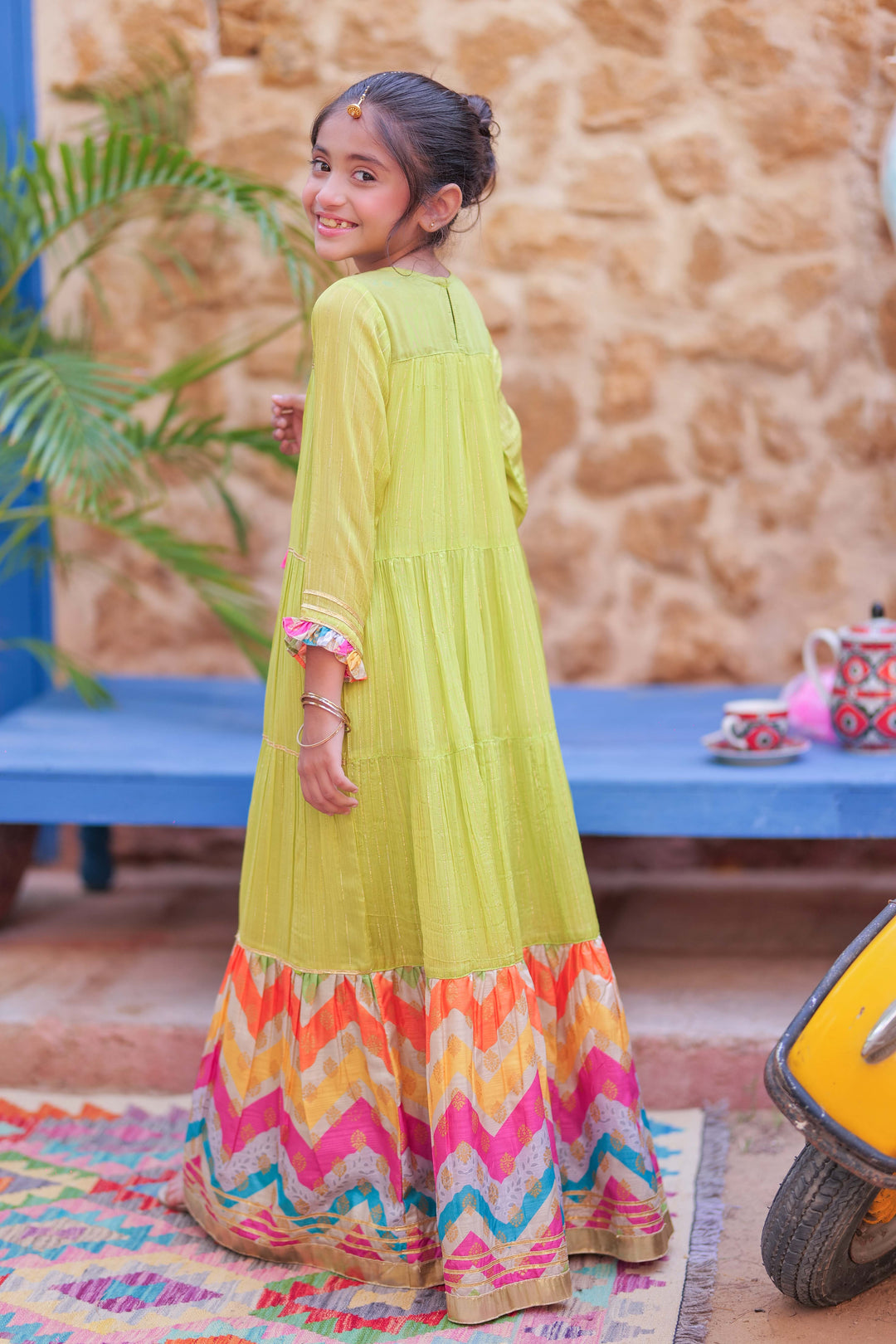 Senorita Kids RTW Perot Green and Gold Formal 3 Piece Suit Crinkle Shafoon Fancy  KDD-02761 - Summer Collection