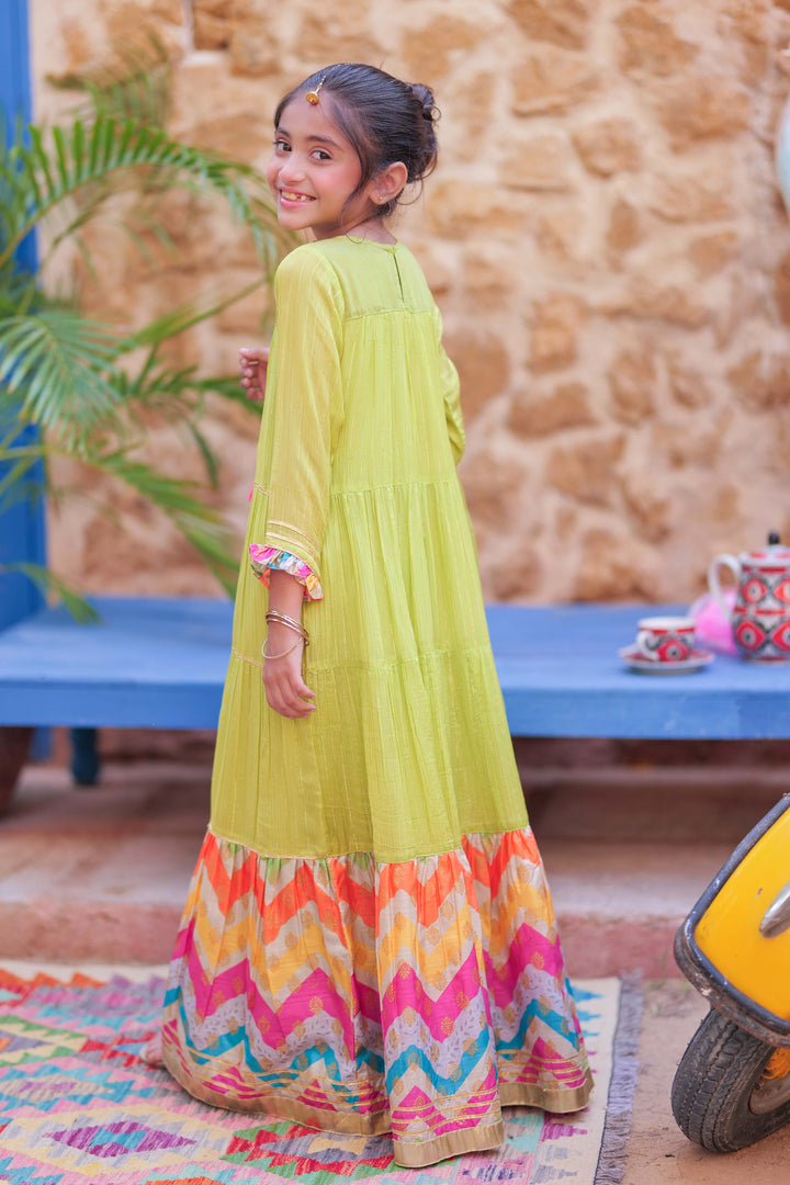 Senorita Kids RTW Perot Green and Gold Formal 3 Piece Suit Crinkle Shafoon Fancy  KDD-02761 - Summer Collection
