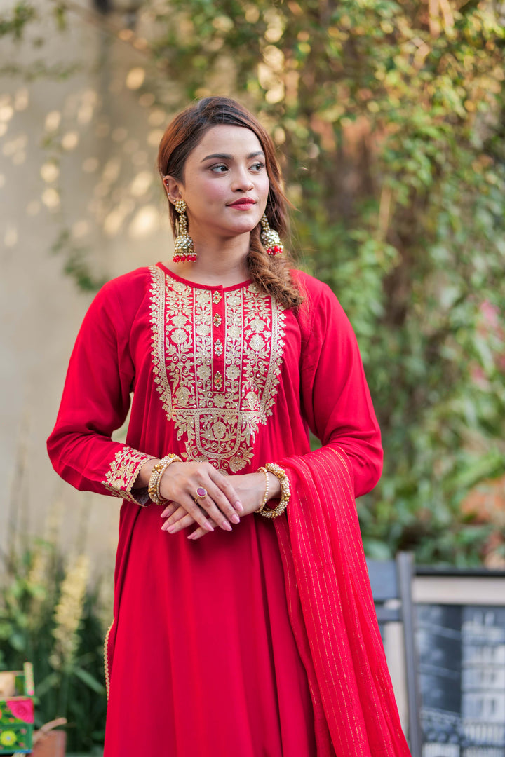 Senorita Women RTW Women Solids Red and Gold Formal 3 Piece Suit Viscose Raw Silk LDD-02740 - Winter Collection