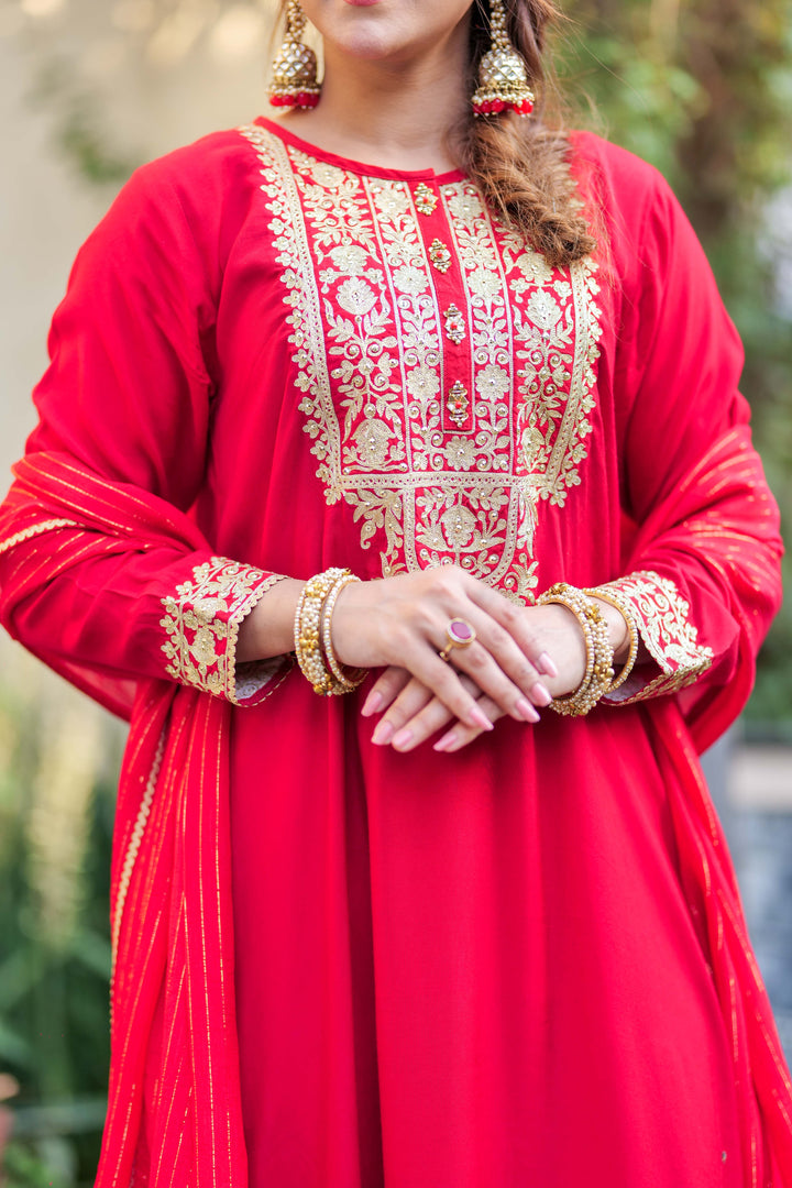 Senorita Women RTW Women Solids Red and Gold Formal 3 Piece Suit Viscose Raw Silk LDD-02740 - Winter Collection