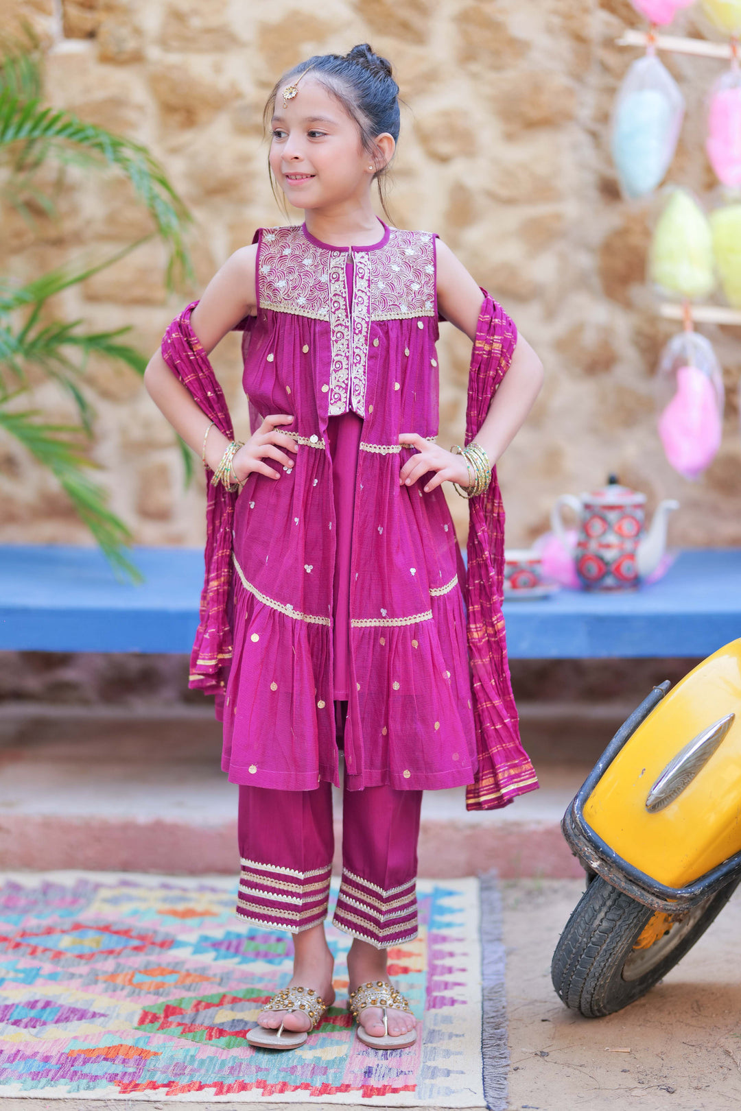 Senorita Kids RTW Magenta and Gold Formal 3 Piece Suit Bori Net Fancy  KDD-02759 - Winter Collection