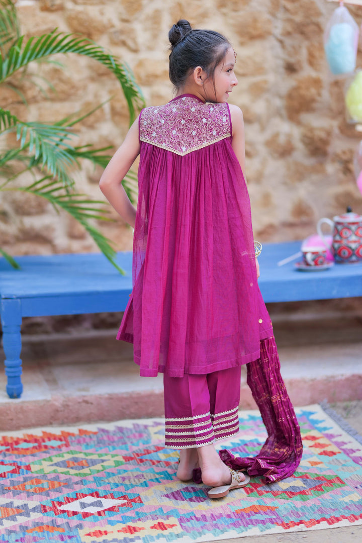 Senorita Kids RTW Magenta and Gold Formal 3 Piece Suit Bori Net Fancy  KDD-02759 - Winter Collection