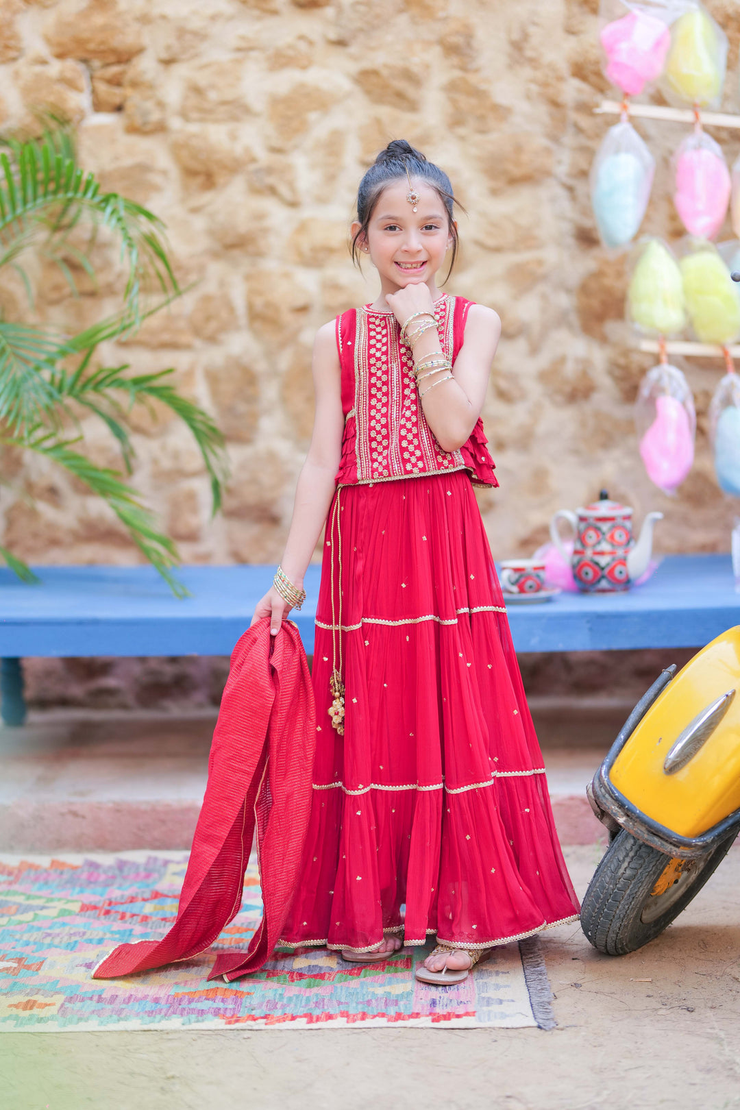 Senorita Kids RTW Red and Gold Formal 3 Piece Suit Crinkle Chiffon Fancy  KDD-02755 - Summer Collection
