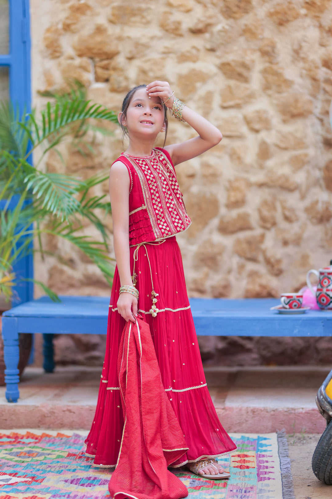 Senorita Kids RTW Red and Gold Formal 3 Piece Suit Crinkle Chiffon Fancy  KDD-02755 - Summer Collection