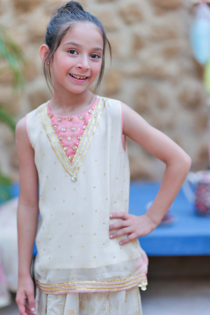 Senorita Kids RTW Fawn and Gold Formal 3 Piece Suit Crinkle Shafoon Fancy  KDD-02757 - Summer Collection