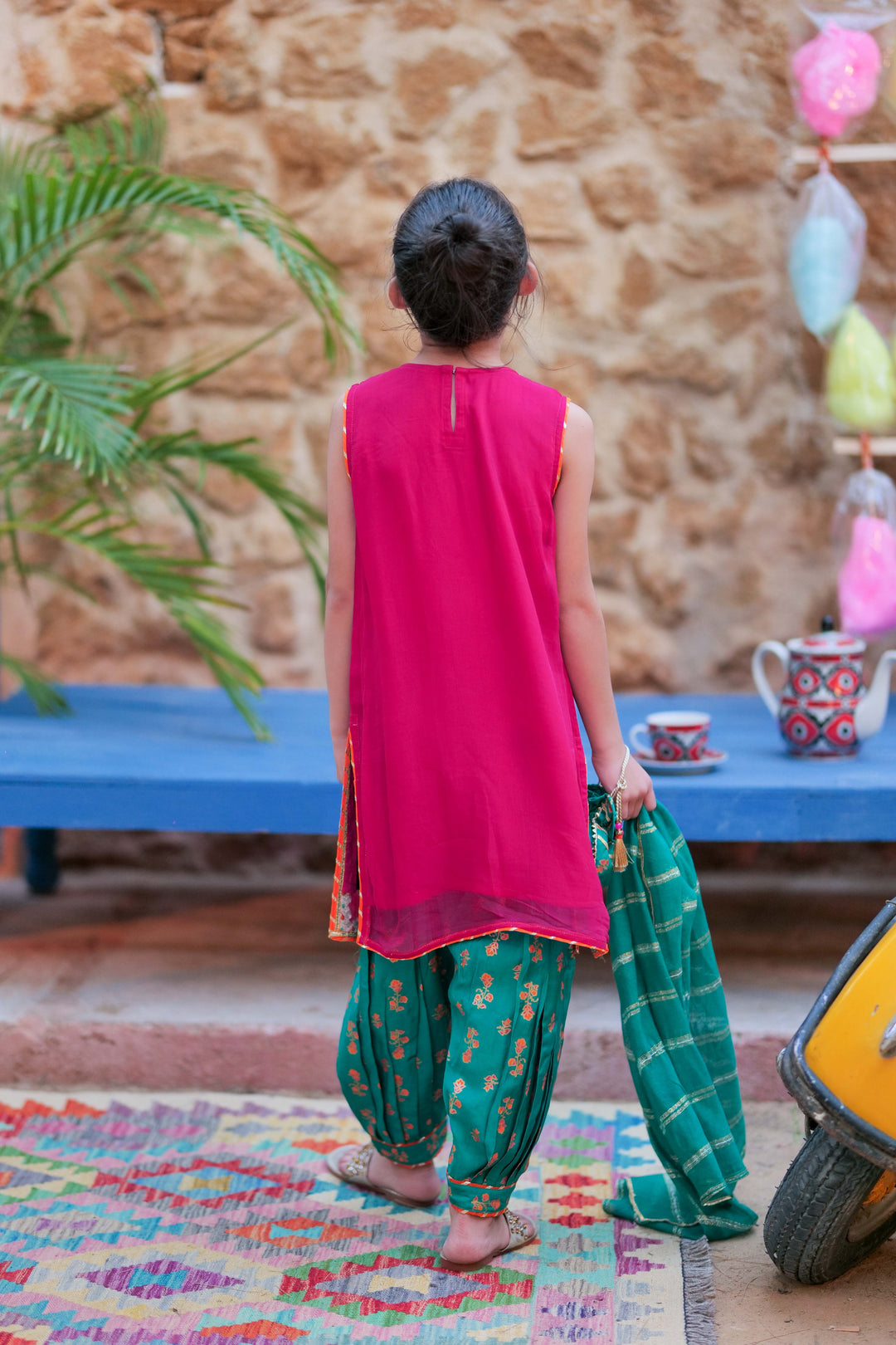 Senorita Kids RTW Shocking Pink and Turquois Green Formal 3 Piece Suit Crinkle Chiffon Fancy  KDD-02756 - Summer Collection