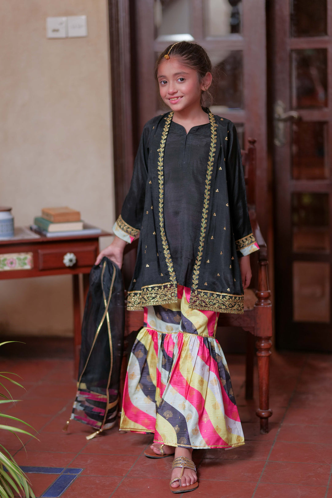 Senorita Kids RTW Black and Gold Formal 3 Piece Suit Row Silk Fancy  KDD-02762 - Summer Collection