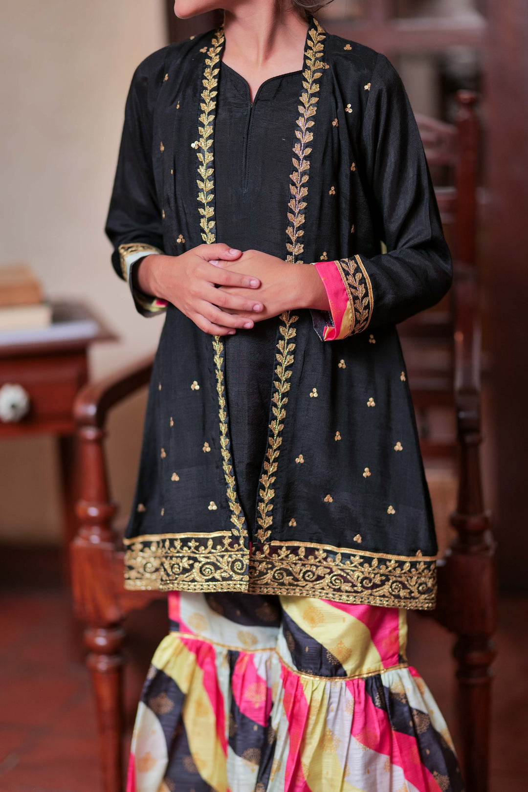 Senorita Kids RTW Black and Gold Formal 3 Piece Suit Row Silk Fancy  KDD-02762 - Summer Collection
