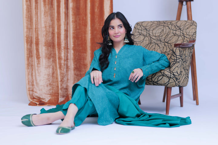 Senorita Women RTW Women Solids T. Green and Gold Casual 3 Piece Suit Viscose Self Dobby LBD-02825 - Winter Collection