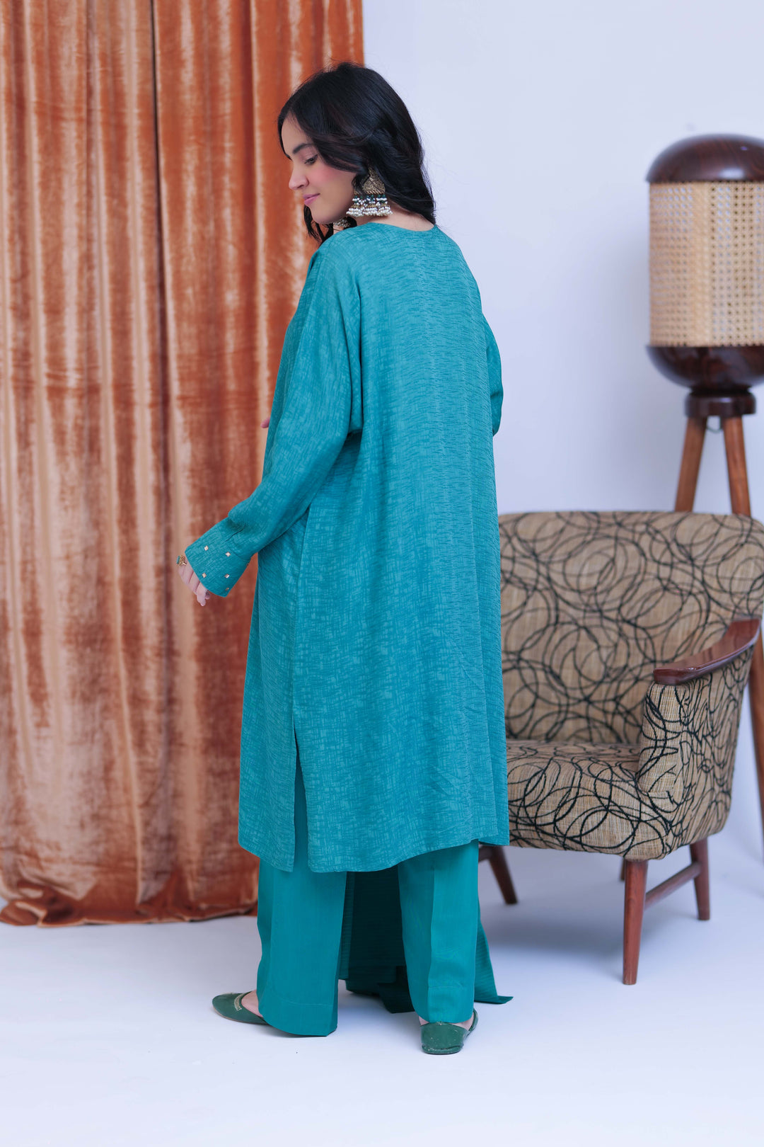 Senorita Women RTW Women Solids T. Green and Gold Casual 3 Piece Suit Viscose Self Dobby LBD-02825 - Winter Collection