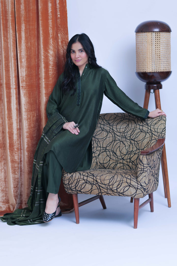 Senorita Women RTW Women Solids Green and Black Casual 3 Piece Suit Acrylic Fabric LAD-02768 - Winter Collection