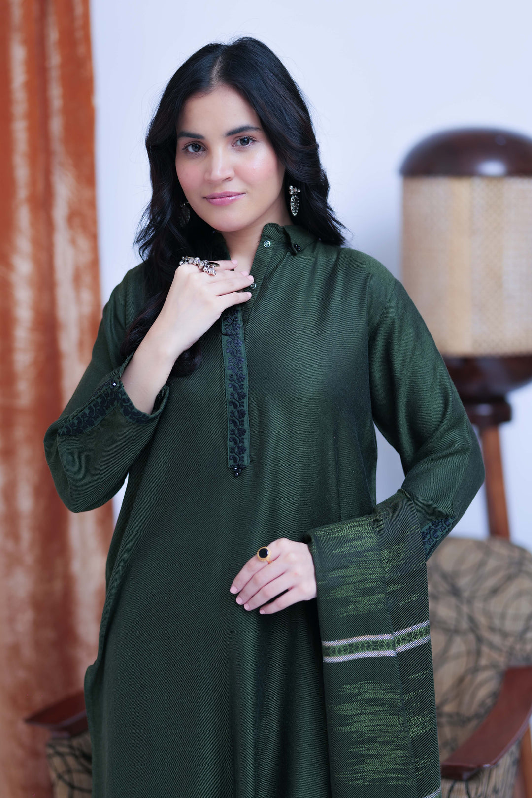 Senorita Women RTW Women Solids Green and Black Casual 3 Piece Suit Acrylic Fabric LAD-02768 - Winter Collection