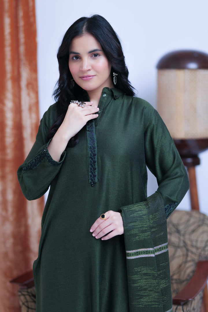 Senorita Women RTW Women Solids Green and Black Casual 3 Piece Suit Acrylic Fabric LAD-02768 - Winter Collection