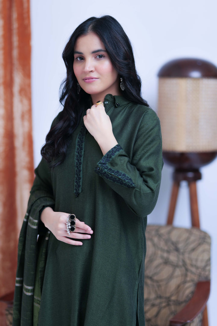 Senorita Women RTW Women Solids Green and Black Casual 3 Piece Suit Acrylic Fabric LAD-02768 - Winter Collection