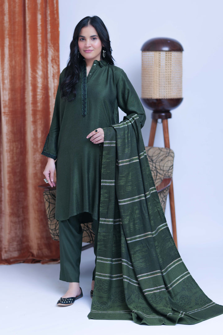 Senorita Women RTW Women Solids Green and Black Casual 3 Piece Suit Acrylic Fabric LAD-02768 - Winter Collection