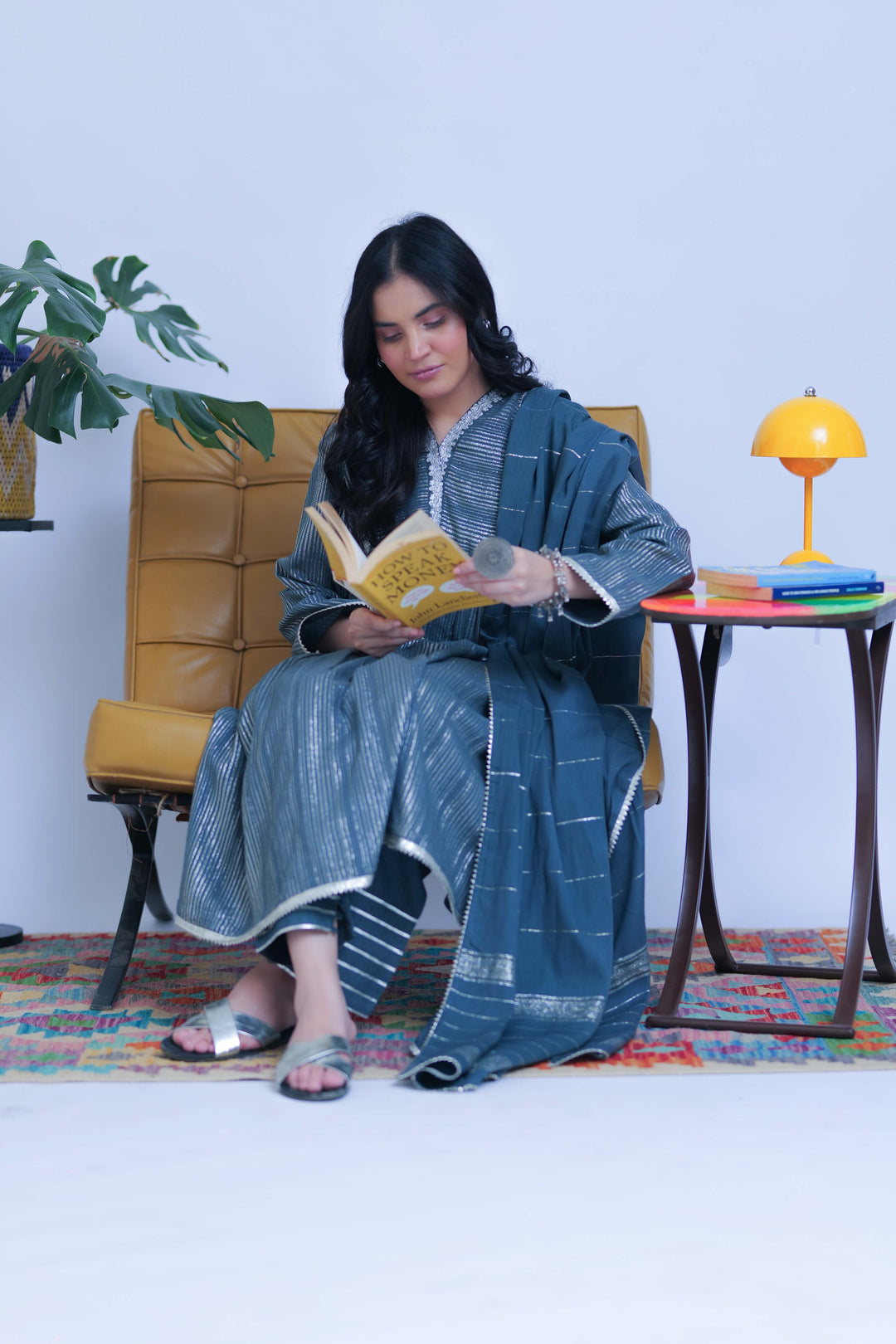 Senorita Women RTW Women Solids Grey and Silver Casual 3 Piece Suit Karandi Fabric Dobby Jacquard LAD-02833 - Winter Collection