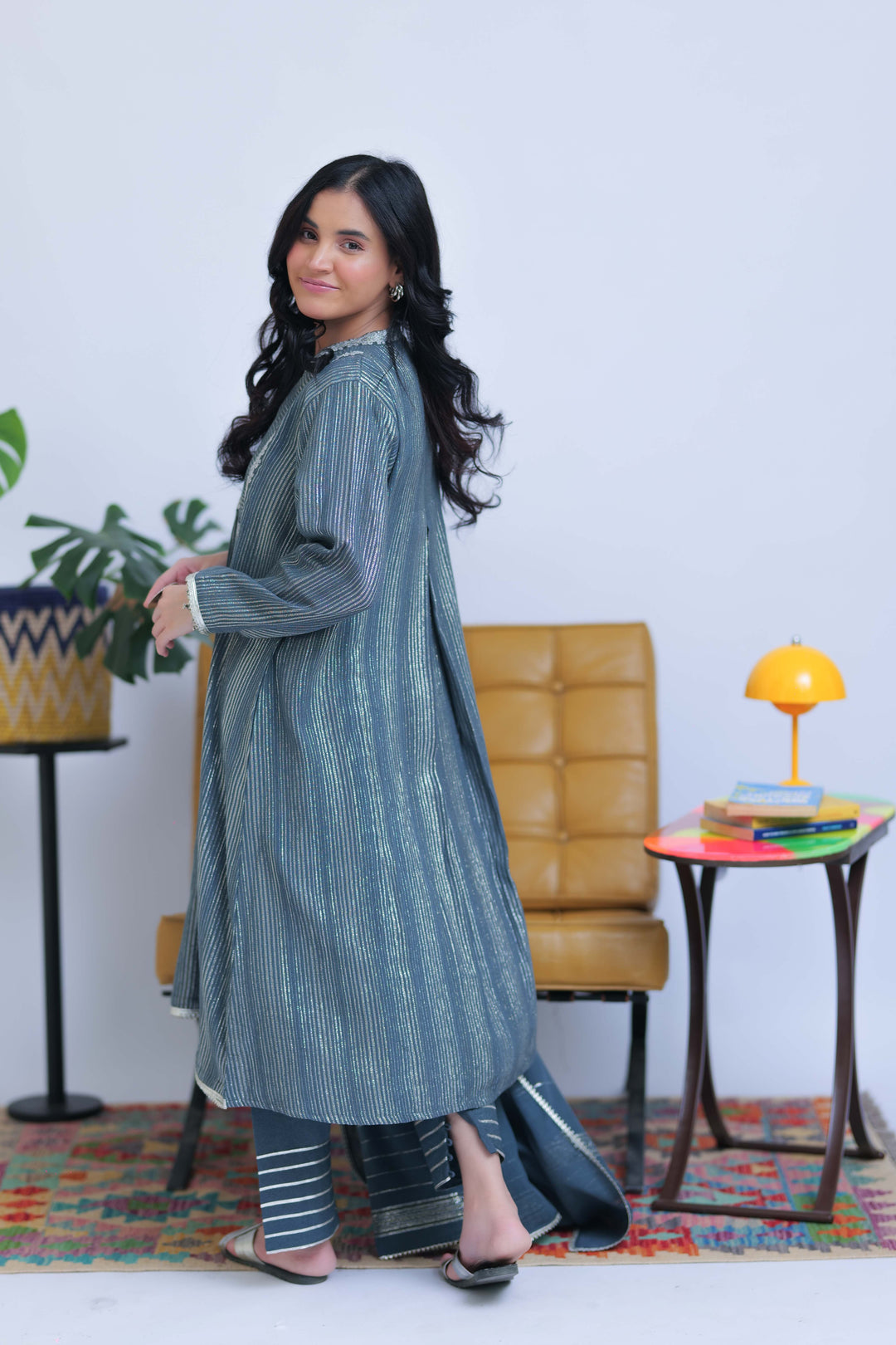 Senorita Women RTW Women Solids Grey and Silver Casual 3 Piece Suit Karandi Fabric Dobby Jacquard LAD-02833 - Winter Collection