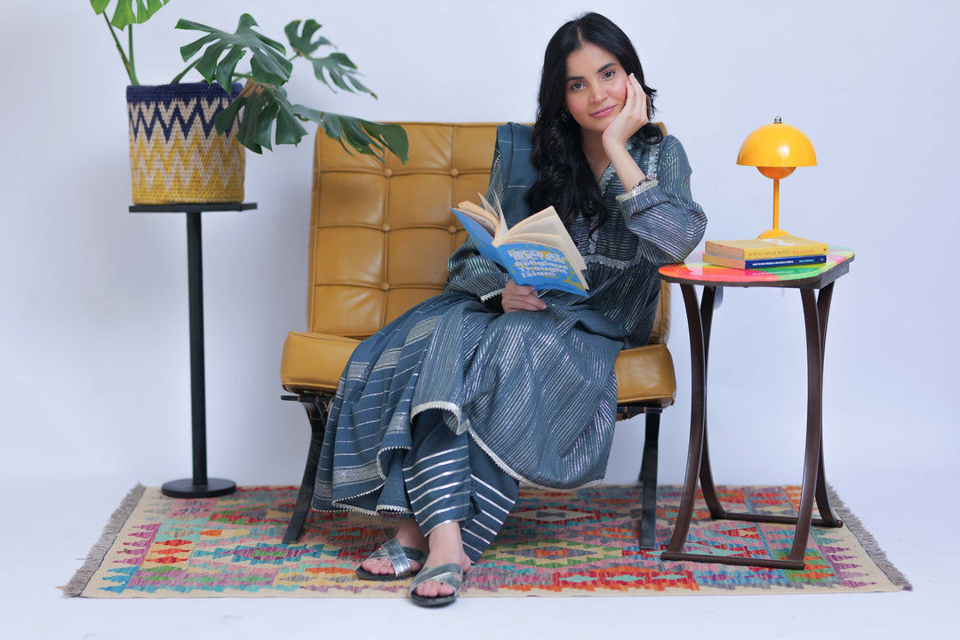 Senorita Women RTW Women Solids Grey and Silver Casual 3 Piece Suit Karandi Fabric Dobby Jacquard LAD-02833 - Winter Collection