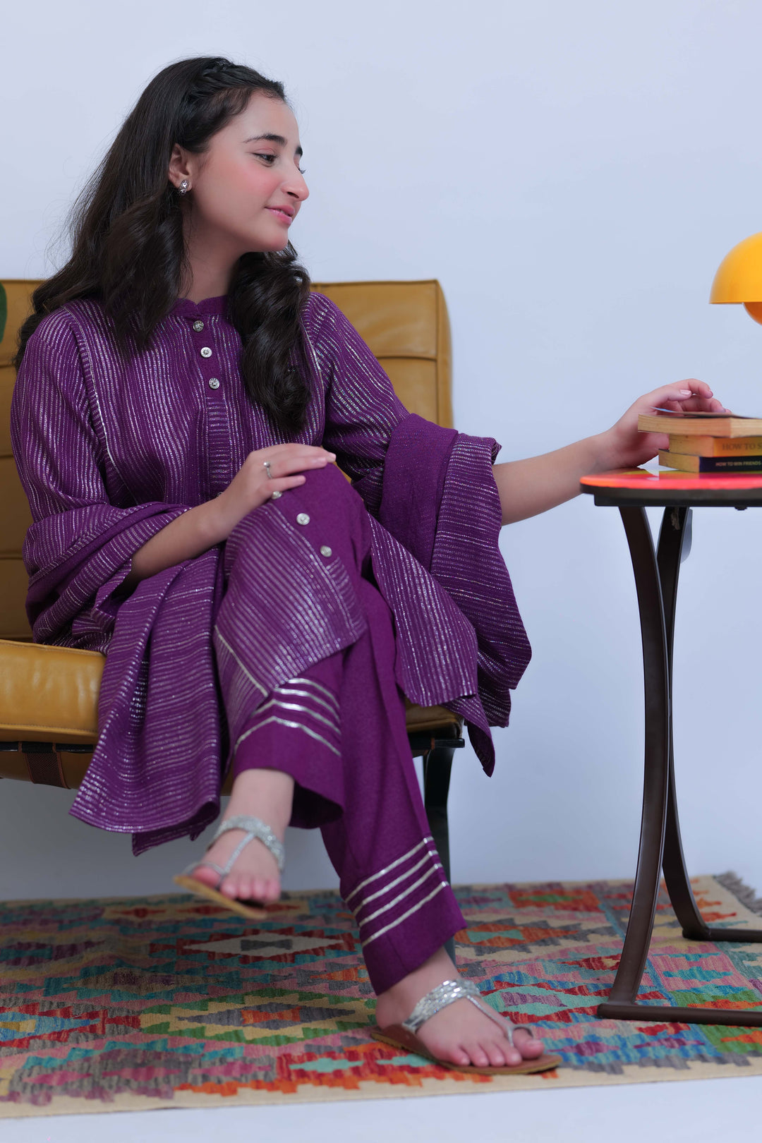 Senorita Girls RTW Girls Purple and Silver Casual 3 Piece Suit Karandi Fabric Dobby Jacquard Solids GAD-02830 - Winter Collection