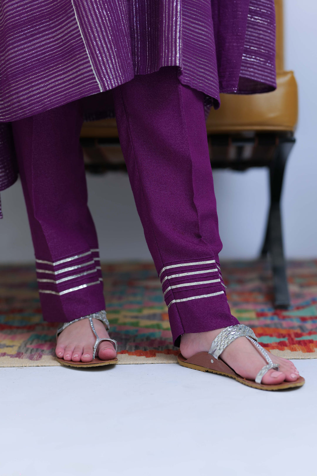 Senorita Girls RTW Girls Purple and Silver Casual 3 Piece Suit Karandi Fabric Dobby Jacquard Solids GAD-02830 - Winter Collection