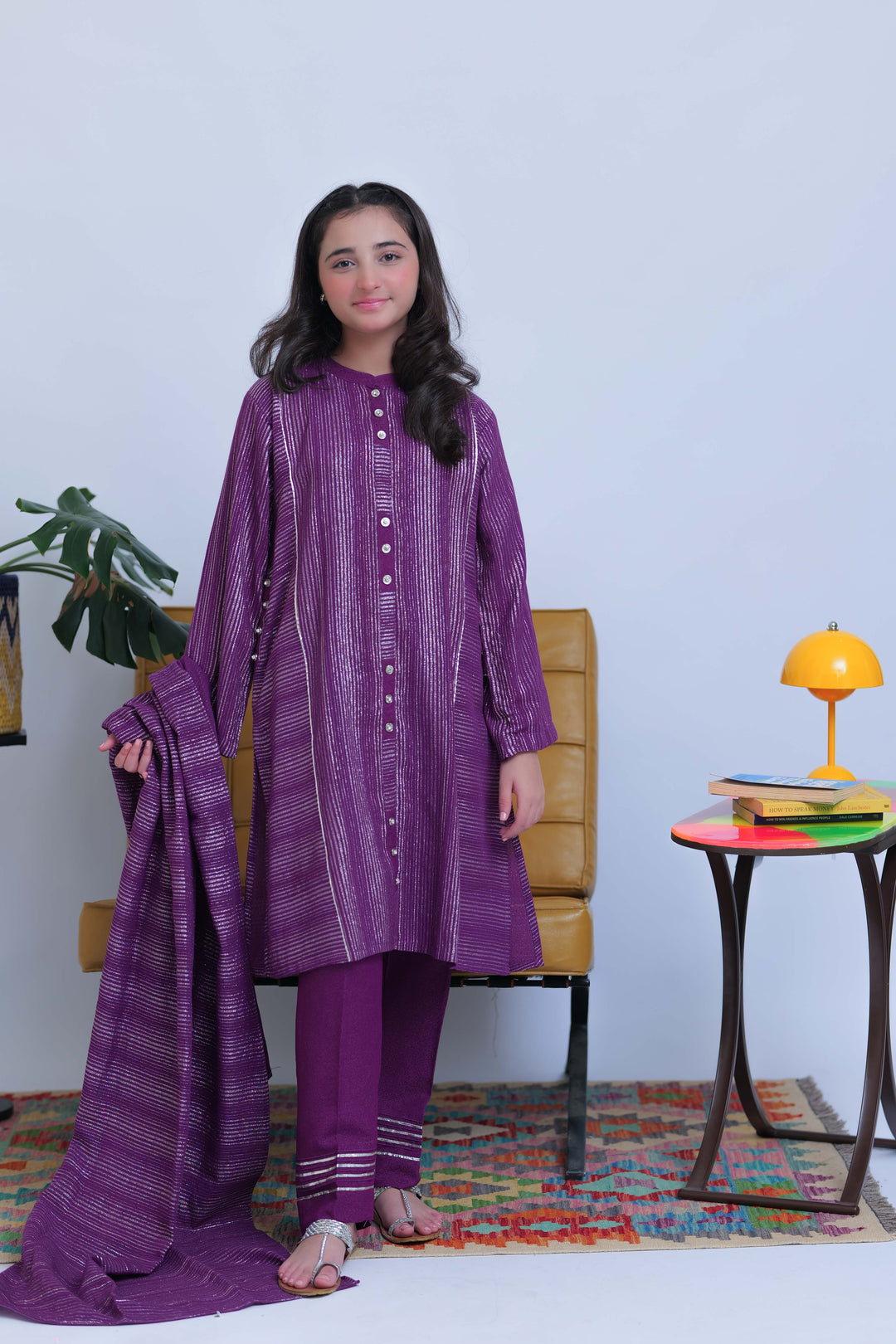 Senorita Girls RTW Girls Purple and Silver Casual 3 Piece Suit Karandi Fabric Dobby Jacquard Solids GAD-02830 - Winter Collection