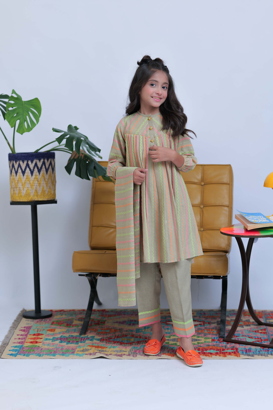 Senorita Kids RTW Fawn and Multicolor Casual 3 Piece Suit Karandi Dobby Jacquard KAD-02827 - Summer Collection