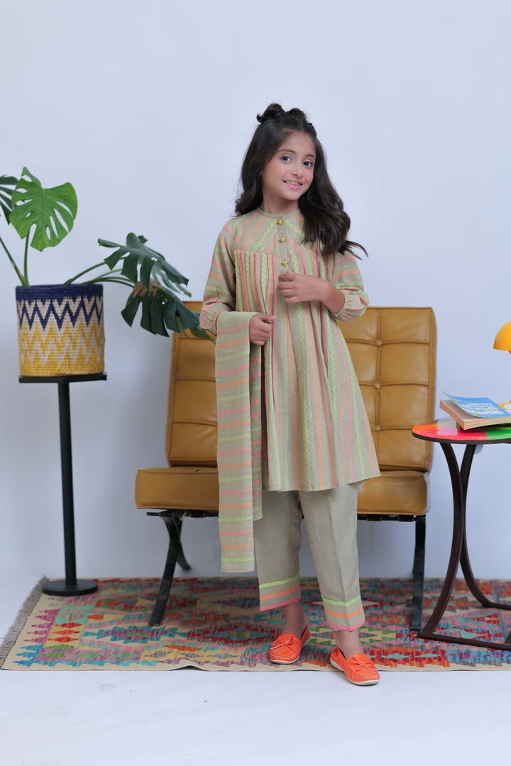 Senorita Kids RTW Fawn and Multicolor Casual 3 Piece Suit Karandi Dobby Jacquard KAD-02827 - Summer Collection