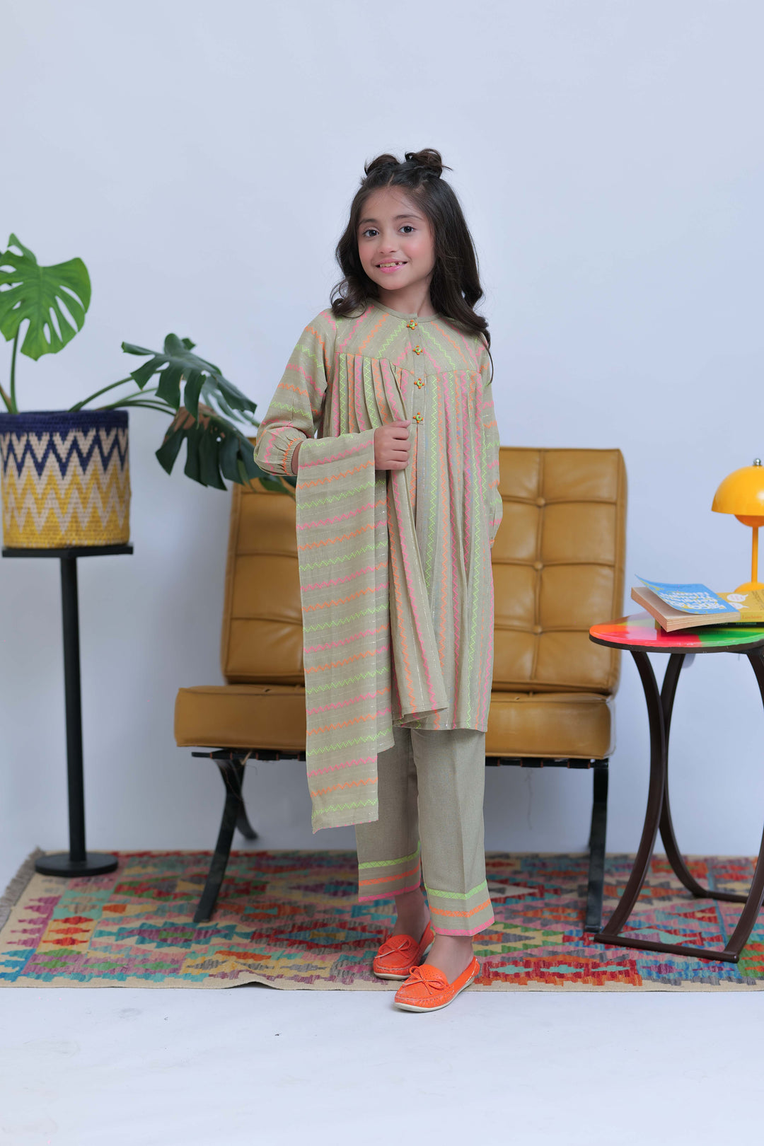 Senorita Kids RTW Fawn and Multicolor Casual 3 Piece Suit Karandi Dobby Jacquard KAD-02827 - Summer Collection