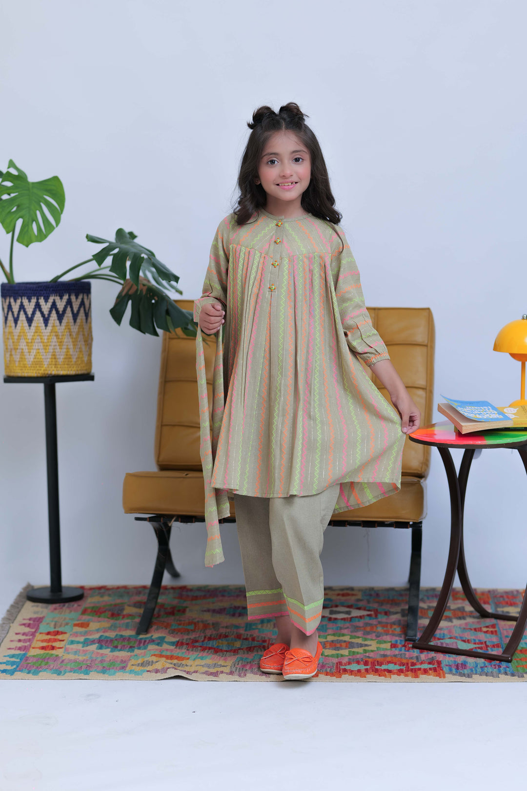 Senorita Kids RTW Fawn and Multicolor Casual 3 Piece Suit Karandi Dobby Jacquard KAD-02827 - Summer Collection