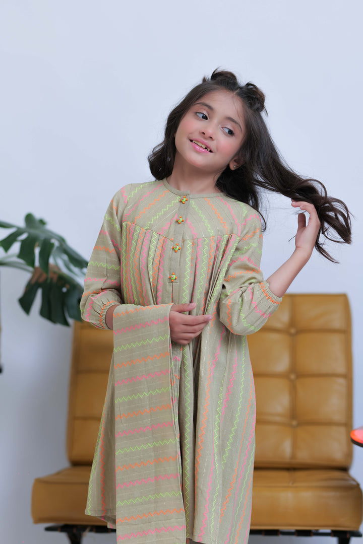 Senorita Kids RTW Fawn and Multicolor Casual 3 Piece Suit Karandi Dobby Jacquard KAD-02827 - Summer Collection