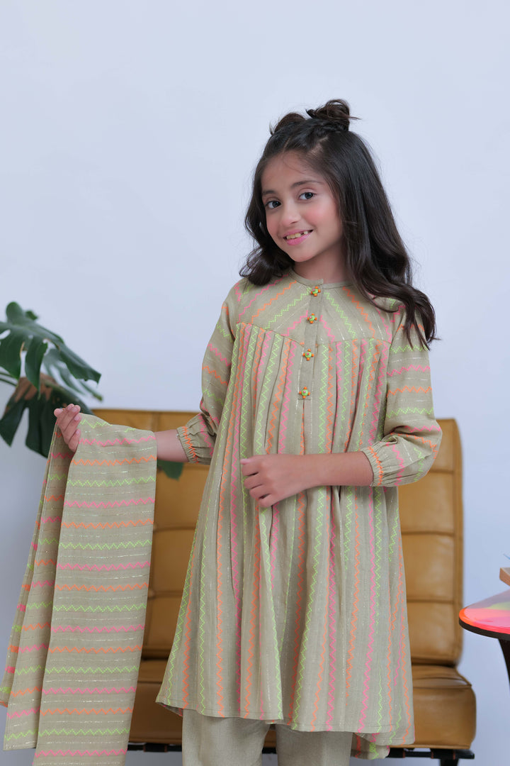 Senorita Kids RTW Fawn and Multicolor Casual 3 Piece Suit Karandi Dobby Jacquard KAD-02827 - Summer Collection