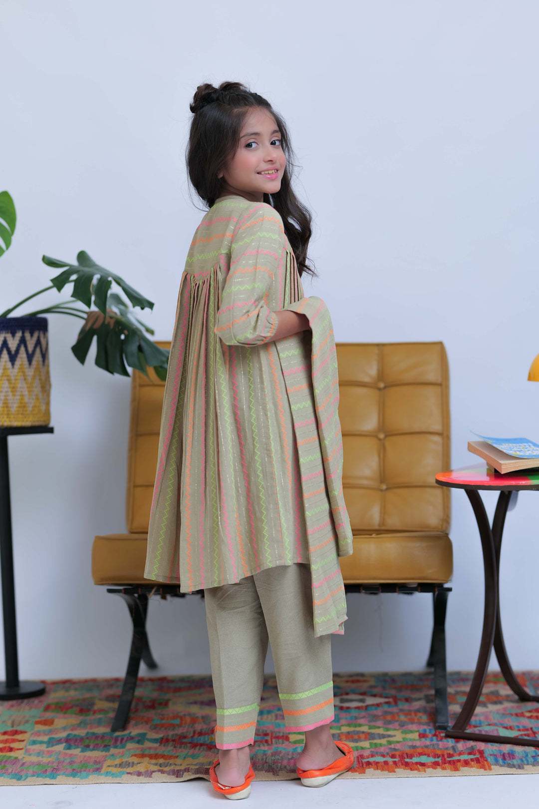 Senorita Kids RTW Fawn and Multicolor Casual 3 Piece Suit Karandi Dobby Jacquard KAD-02827 - Summer Collection